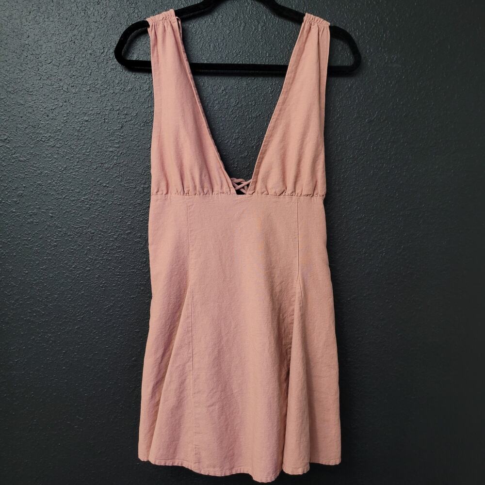 Zara Linen Blend Pink Mini Dress Large Lace Up Back Sleeveless Coastal Boho